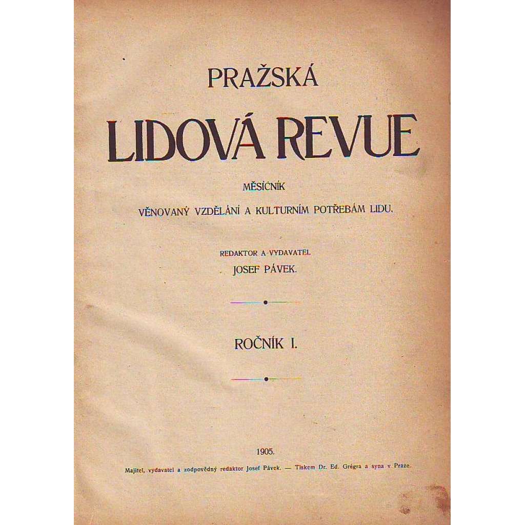 Pražská lidová revue 1905, roč. I. (časopis, měsíčník, kultura, beletrie, literatura, divadlo mj. O učení Darwinově, Obchodní styky se Srbskem, Stávky v Rusku, Hospodářská výstava v Hodoníně)
